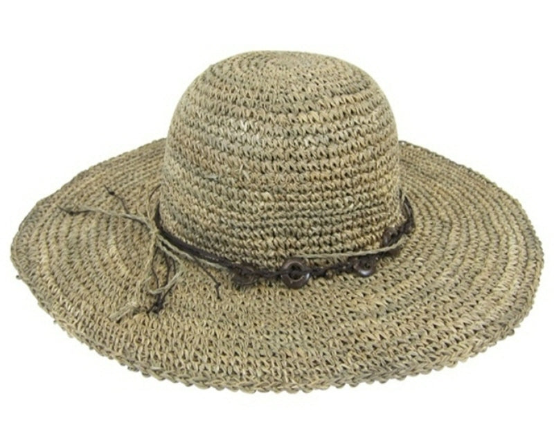 A399-SEAGRASS STRAW CROCHET SUN HAT WITH BEADS