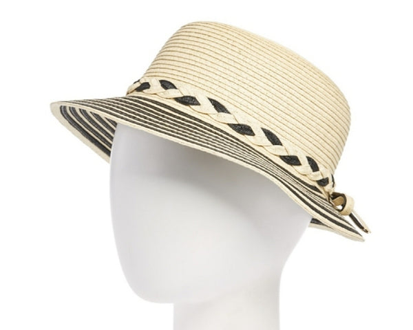 A481-STRAW CLOCHE W/ STRIPED BRIM