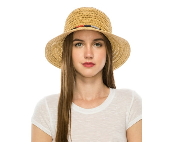 A505-STRAW BUCKET HAT W/ COLORFUL STRAW TIE