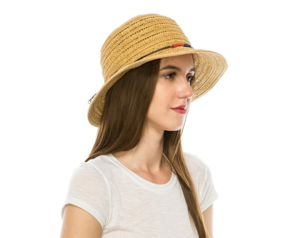 A505-STRAW BUCKET HAT W/ COLORFUL STRAW TIE