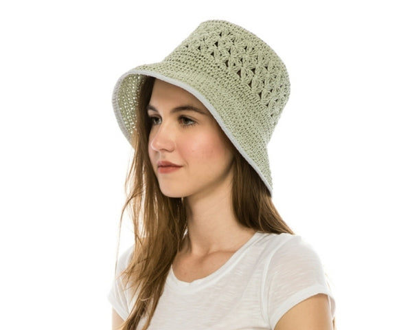 A509-PATTERN CROCHET STRAW BUCKET HAT W/ TRIM