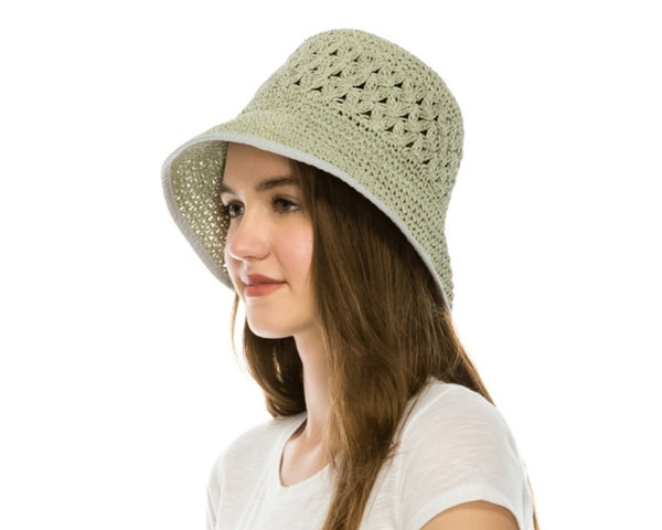 A509-PATTERN CROCHET STRAW BUCKET HAT W/ TRIM