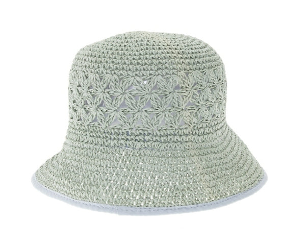 A509-PATTERN CROCHET STRAW BUCKET HAT W/ TRIM