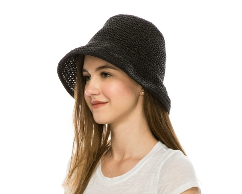 A511-CROCHET STRAW BUCKET HAT W/ TRIM