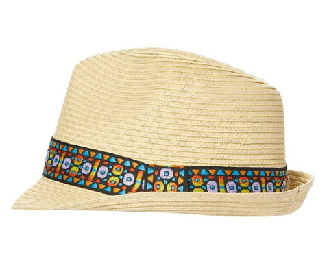 A583-STRAW FEDORA HAT WITH TRIBAL BAND