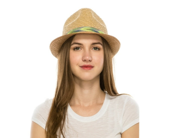 A590-TWEED STRAW FEDORA WITH CHEVRON BAND