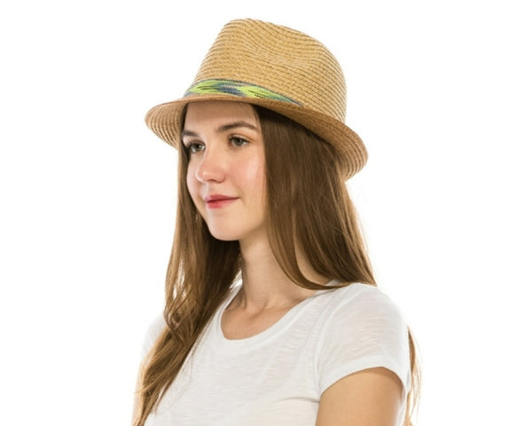 A590-TWEED STRAW FEDORA WITH CHEVRON BAND