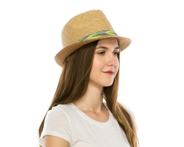 A590-TWEED STRAW FEDORA WITH CHEVRON BAND