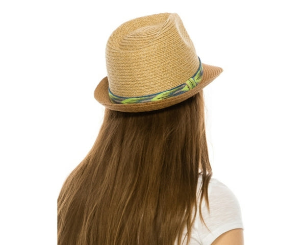 A590-TWEED STRAW FEDORA WITH CHEVRON BAND