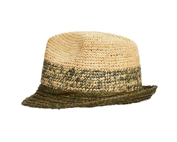 A618-ROCHET RAFFIA FEDORA W/ TWEED SECTION