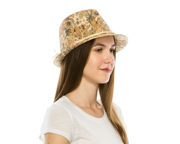 A622-FLORAL PRINT STRAW FEDORA