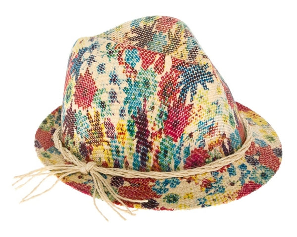 A622-FLORAL PRINT STRAW FEDORA