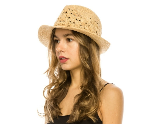 A633-FINE CROCHET ORGANIC RAFFIA FEDORA