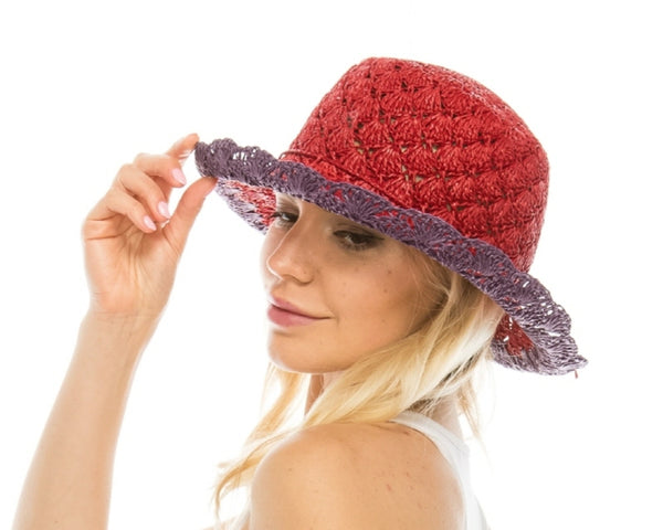 A642-CROCHET STRAW HAT W/ SCALLOP PATTERN