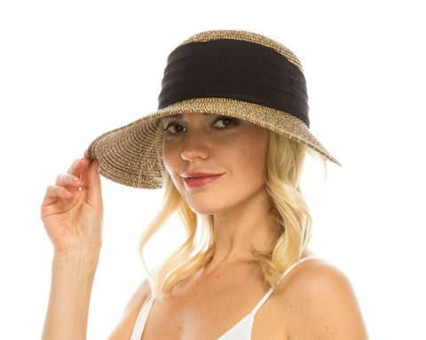 A649-BACKLESS SUN HAT W/ PLEATED CHIFFON BAND