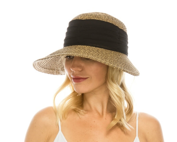 A649-BACKLESS SUN HAT W/ PLEATED CHIFFON BAND