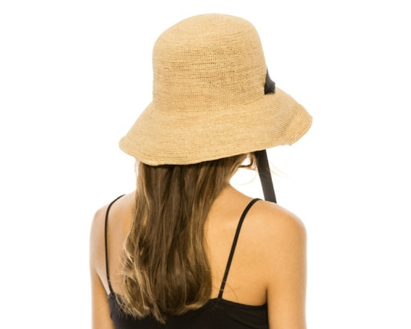 A668-FINE RAFFIA CROCHET HAT W/ CHIN SASH