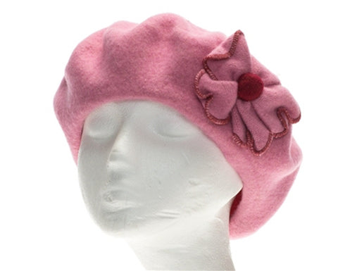 A199-WOOL BERET WITH CONTRAST STITCH FLOWER