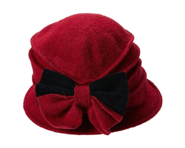 A436-RED WOOL CLOCHE WITH 2-TONE BOW