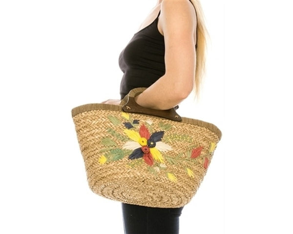 A914-SEAGRASS HANDBAG WITH FLOWER EMBROIDERY