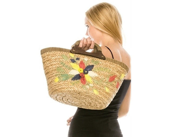 A914-SEAGRASS HANDBAG WITH FLOWER EMBROIDERY