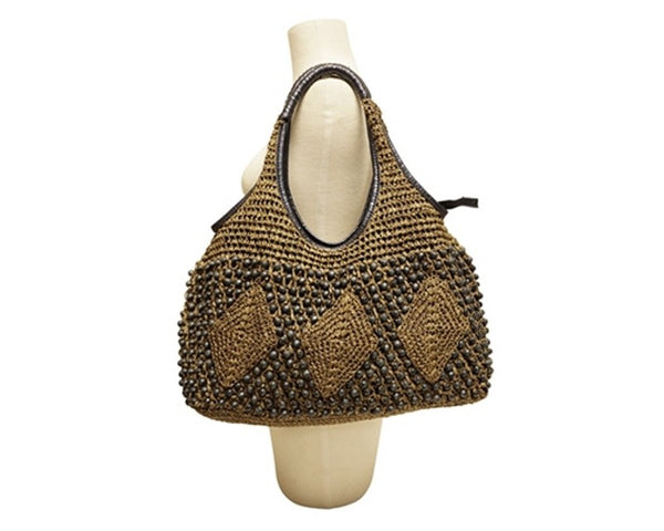 A915-BOHO STRAW & WOOD BEAD HANDBAG