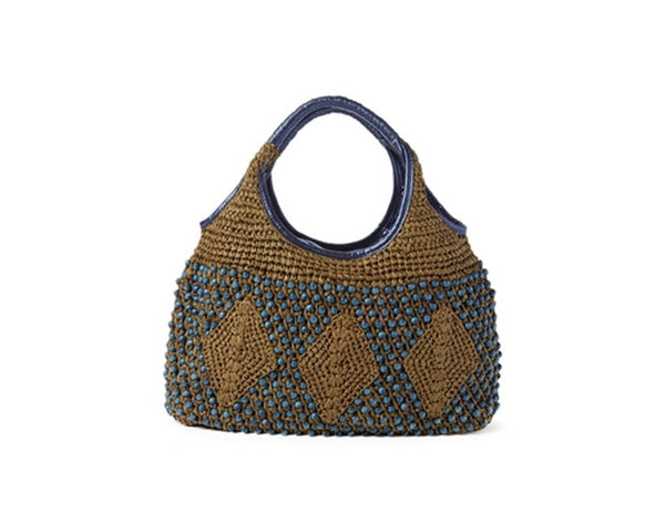 A915-BOHO STRAW & WOOD BEAD HANDBAG