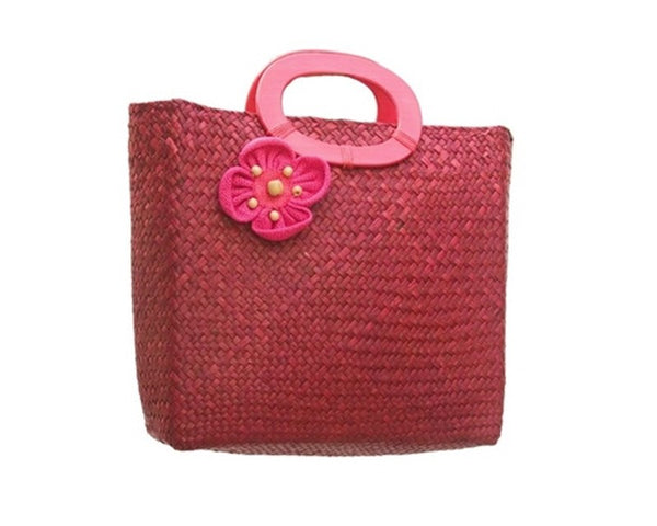 A924-SEAGRASS STRAW BAGS - PURSE W FABRIC FLOWER