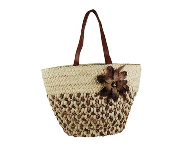 A909-WOVEN RIBBON & CORNHUSK TOTE BAG