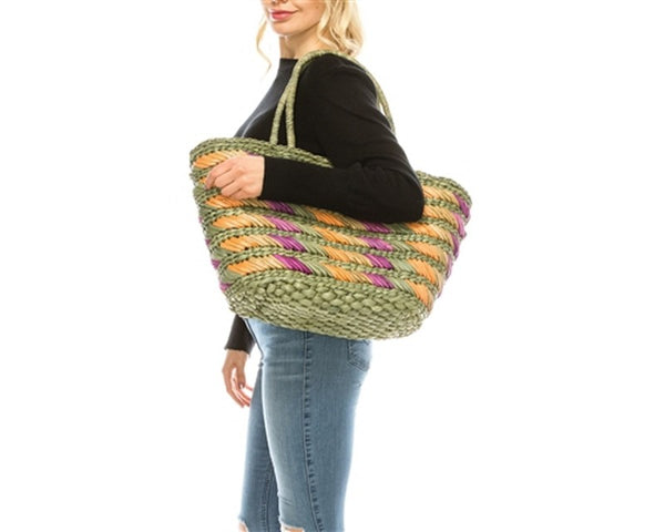 A908-BIG STRAW TOTE WITH SLANT PATTERN