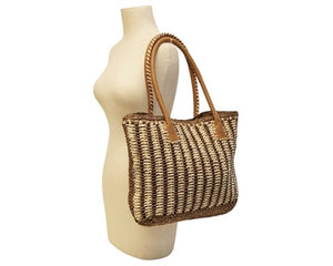 A893-2-TONE STRIPED STRAW TOTE BAG