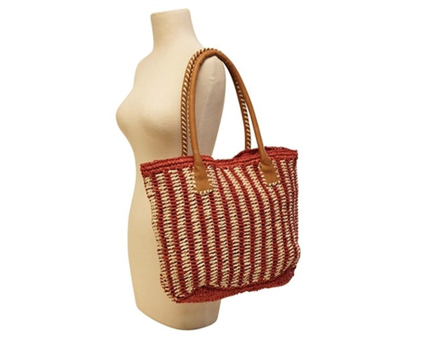 A893-2-TONE STRIPED STRAW TOTE BAG