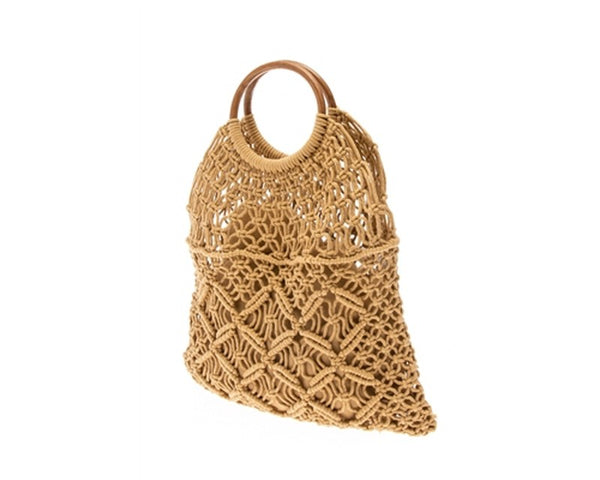 A880-COTTON MACRAME BAG W/ WOOD HANDLES