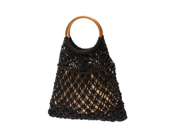 A882-COTTON MACRAME BAG W/ WOOD HANDLES