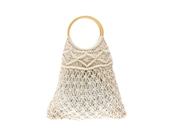 A882-COTTON MACRAME BAG W/ WOOD HANDLES