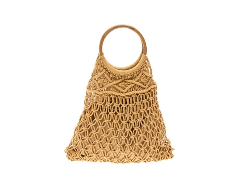 A882-COTTON MACRAME BAG W/ WOOD HANDLES