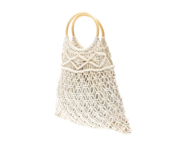 A882-COTTON MACRAME BAG W/ WOOD HANDLES