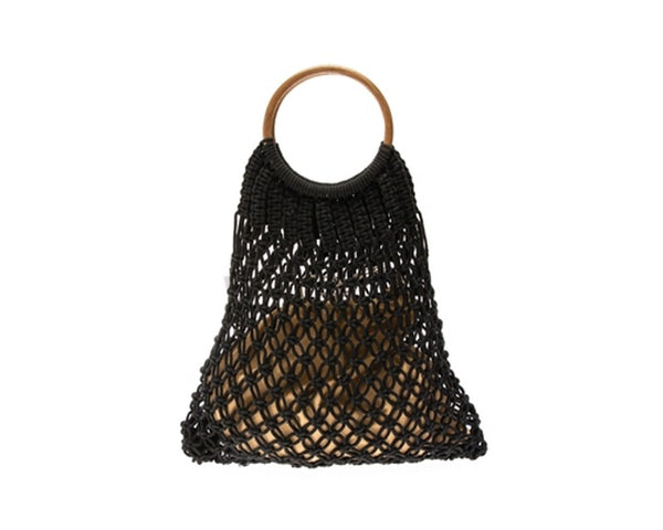 A881-COTTON MACRAME BAG W/ WOOD HANDLES