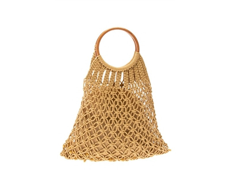 A881-COTTON MACRAME BAG W/ WOOD HANDLES