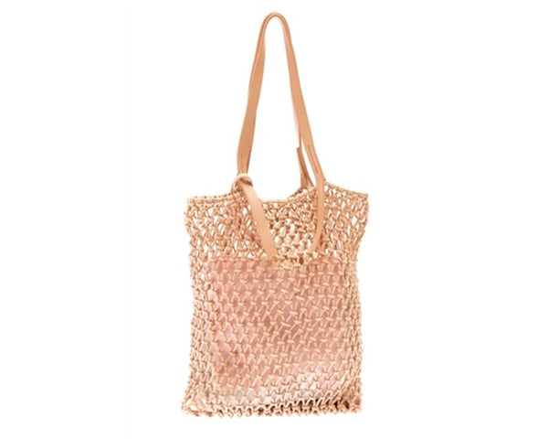 A885-COTTON MACRAME BAG W/ LEATHER HANDLES