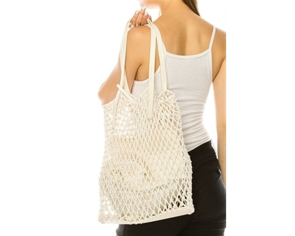 A885-COTTON MACRAME BAG W/ LEATHER HANDLES