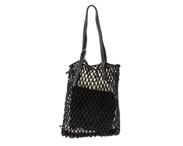 A885-COTTON MACRAME BAG W/ LEATHER HANDLES