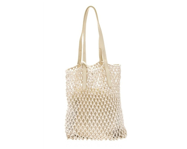 A885-COTTON MACRAME BAG W/ LEATHER HANDLES