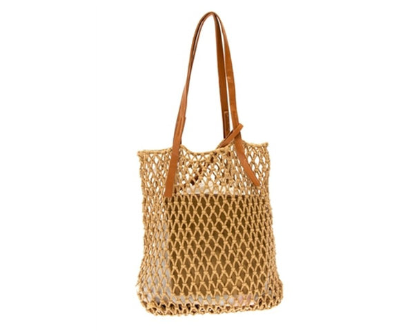 A885-COTTON MACRAME BAG W/ LEATHER HANDLES