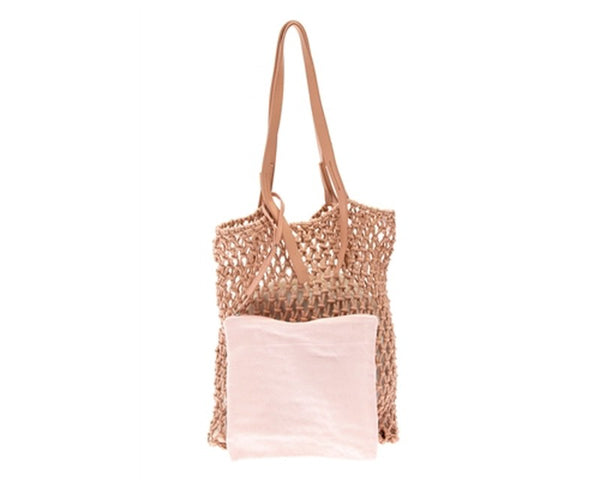 A885-COTTON MACRAME BAG W/ LEATHER HANDLES