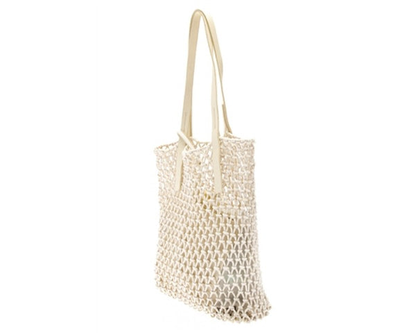 A885-COTTON MACRAME BAG W/ LEATHER HANDLES