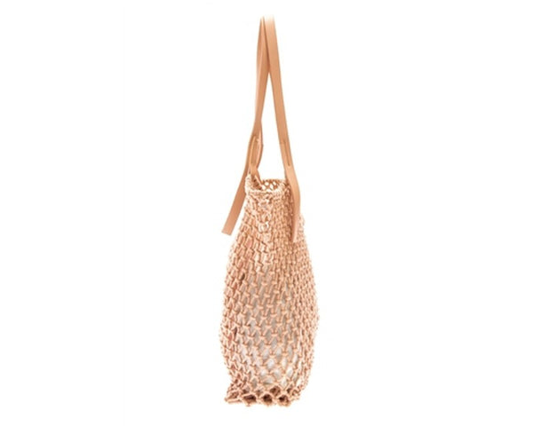 A885-COTTON MACRAME BAG W/ LEATHER HANDLES