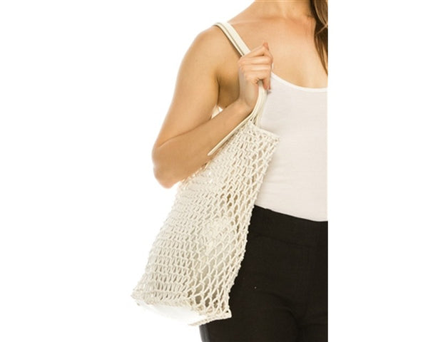 A885-COTTON MACRAME BAG W/ LEATHER HANDLES