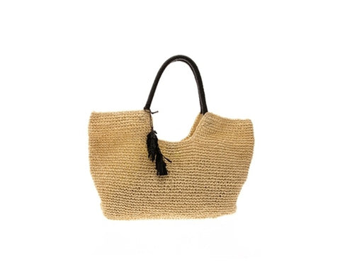 A870-TOYO STRAW CROCHET BEACH BAG WITH RAFFIA LEAF TASSELS