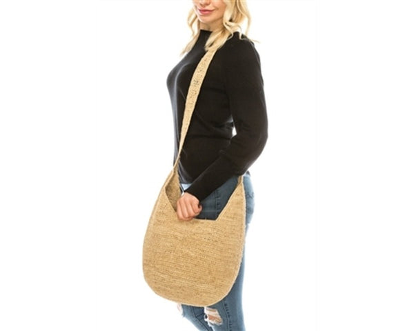 A877-RAFFIA CROCHET CRESCENT SLING BAG